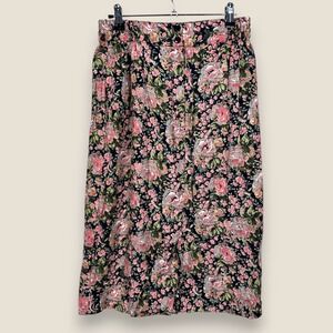 Vintage Passports Pier 1 Imports Floral Midi Skirt Women Medium Black Pink